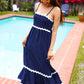 Bold & Sassy Navy Square Neck Ric Rac Trim Adjustable Straps Maxi