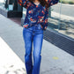 Lovely In Navy Floral Print Smocked Bubble Sleeve Woven Top