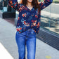 Lovely In Navy Floral Print Smocked Bubble Sleeve Woven Top