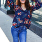 Lovely In Navy Floral Print Smocked Bubble Sleeve Woven Top