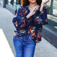 Lovely In Navy Floral Print Smocked Bubble Sleeve Woven Top