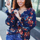 Lovely In Navy Floral Print Smocked Bubble Sleeve Woven Top