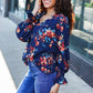 Lovely In Navy Floral Print Smocked Bubble Sleeve Woven Top