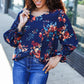 Lovely In Navy Floral Print Smocked Bubble Sleeve Woven Top