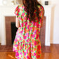 Be Charming Lime & Pink Floral Print Tiered Ruffle Sleeve Dress