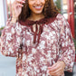 Spread Joy Taupe Floral Front Tie Elastic Long Sleeve Blouse