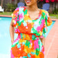 Under The Sun Abstract Floral Smocked Waist V Neck Flutter Sleeve Romper