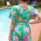 Tropical Vibes Turquoise Floral Surplice Tie Waist Romper