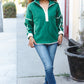 Catch Glances Green Cinched Waist Half Zip Up Fleece Jacket