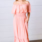 Coral off Shoulder Smocked Waist Ruffle Sleeve Midi Dress