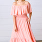 Coral off Shoulder Smocked Waist Ruffle Sleeve Midi Dress