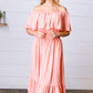 Coral off Shoulder Smocked Waist Ruffle Sleeve Midi Dress