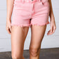 Ash Pink Denim Button Enclosure Frayed Hem Shorts
