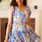 Just for Fun Aqua Floral V Neck Ruffle Sleeve & Hem Dress