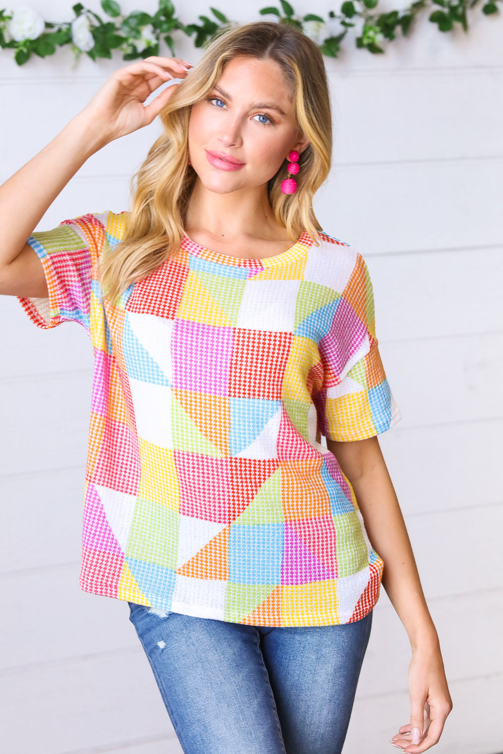 Multicolor Geometric Textured Knit Top