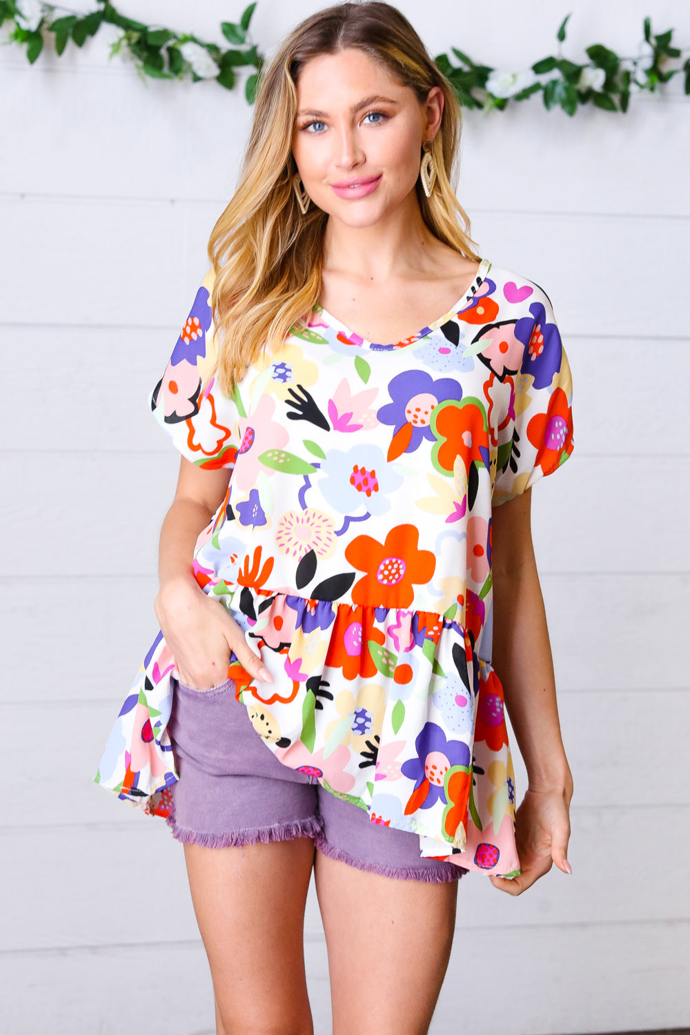 Multicolor Flat Floral V Neck Woven Babydoll Top