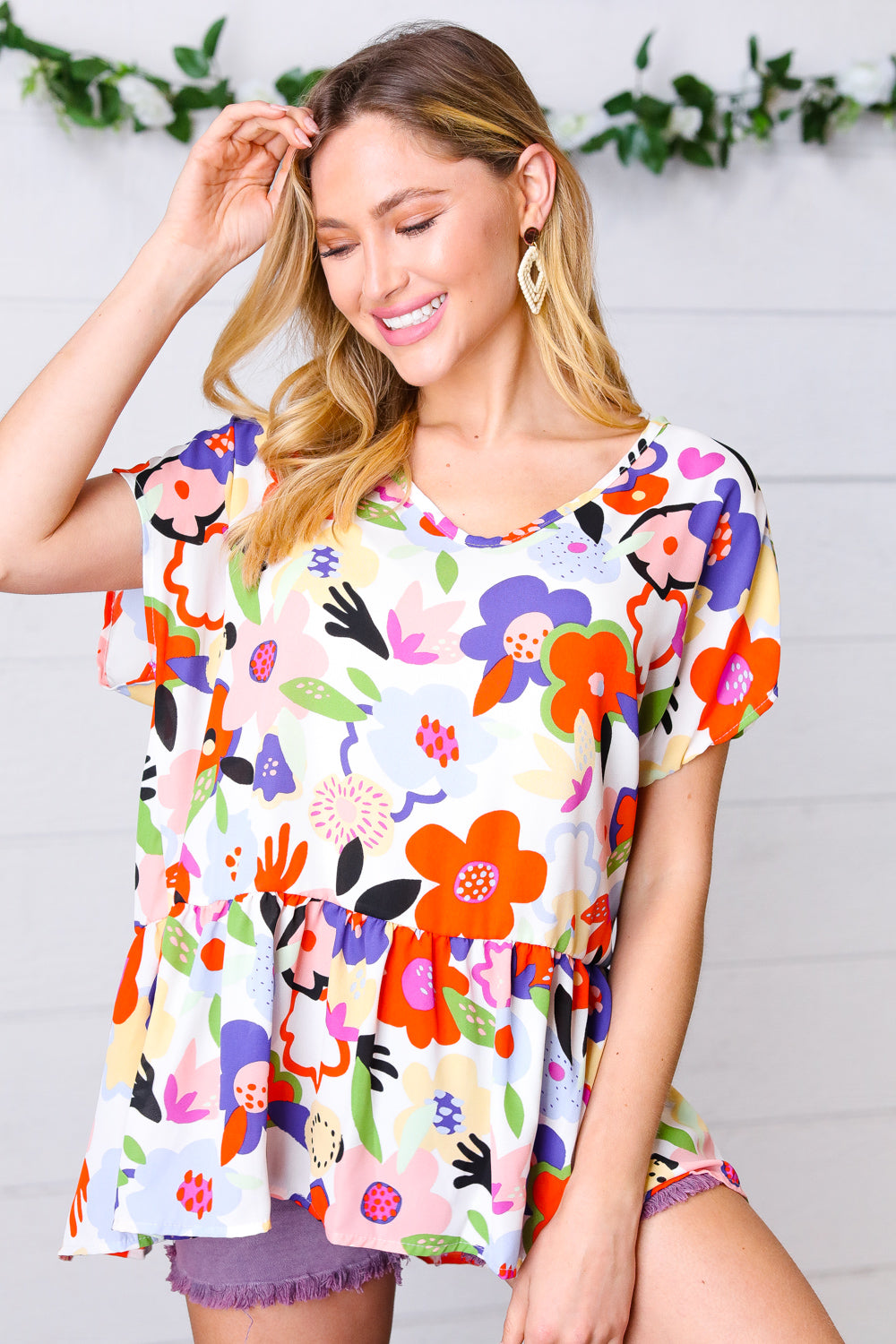 Multicolor Flat Floral V Neck Woven Babydoll Top