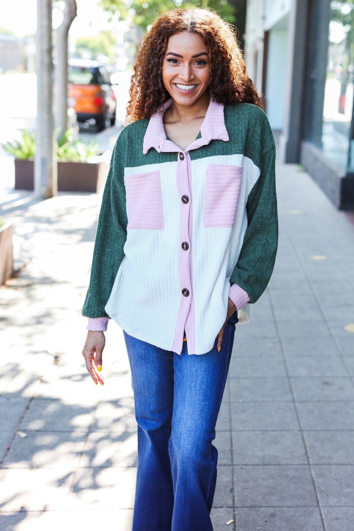 Pretty In Pink & Olive Color Block Button Down Ribbed Shacket