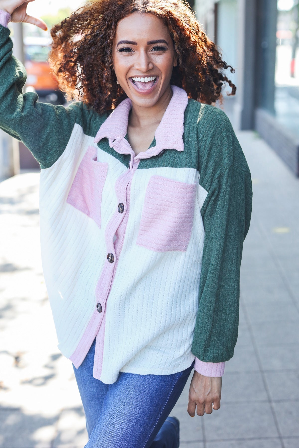 Pretty In Pink & Olive Color Block Button Down Ribbed Shacket