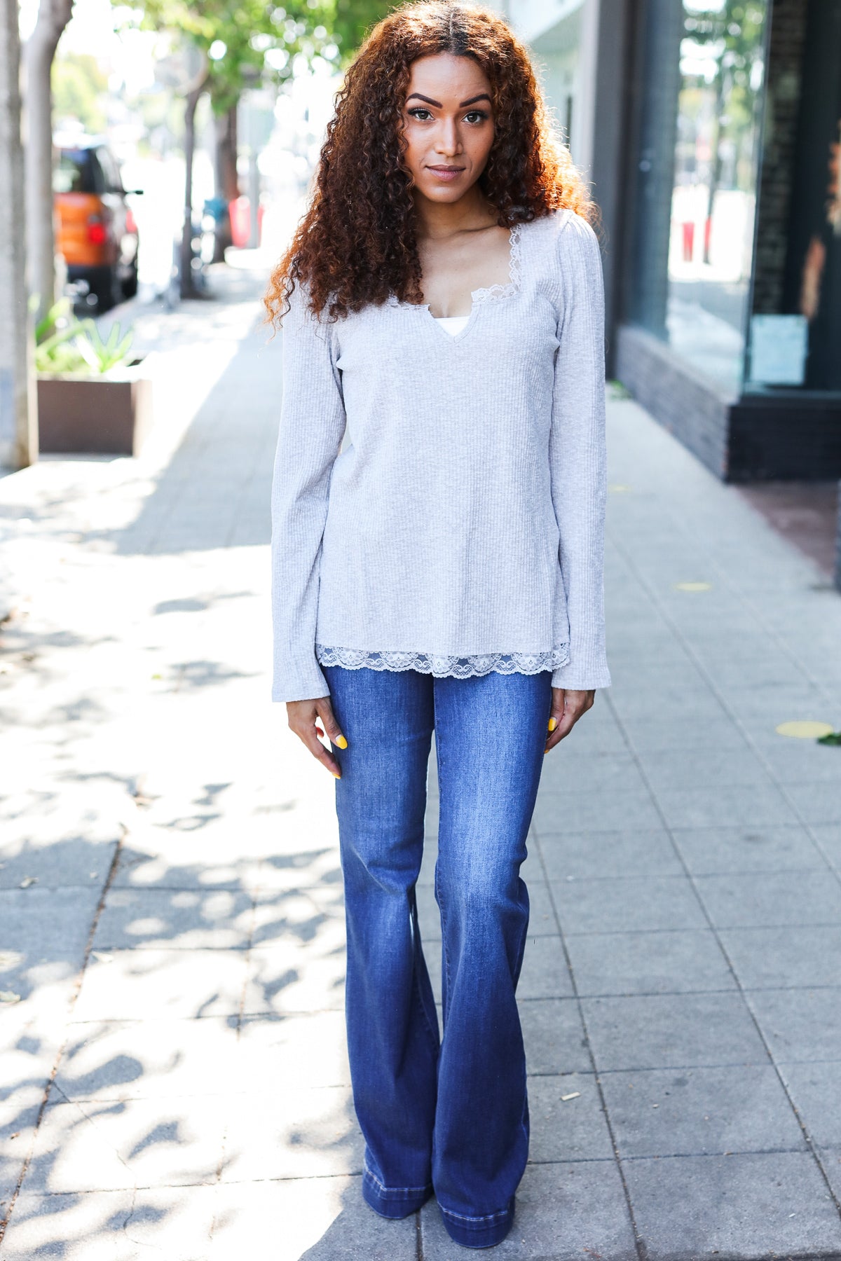 Feels Like Love Grey Lace Trim Rib Long Sleeve Top