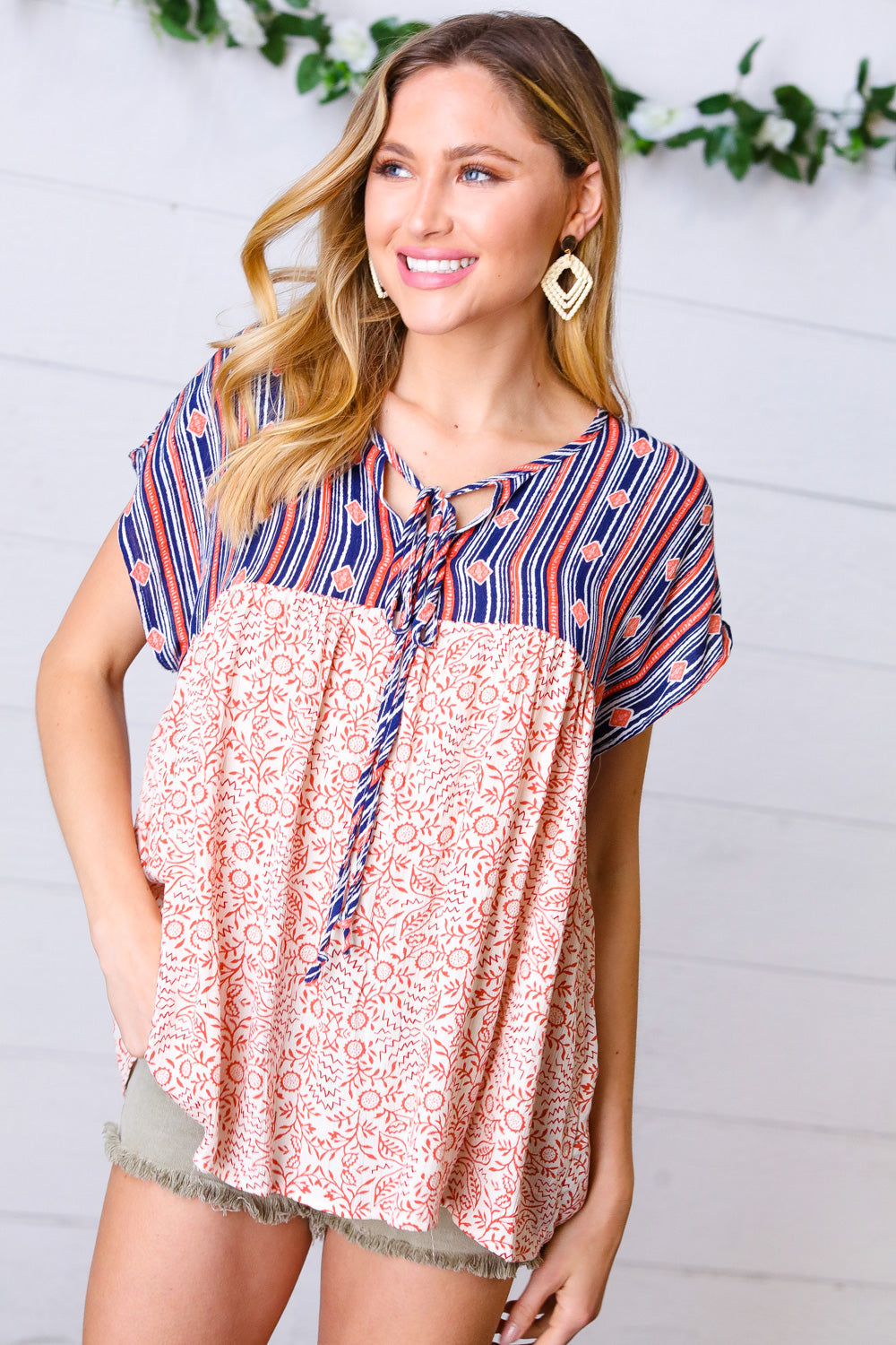 Navy & Coral Boho Tie Neck Dolman Top