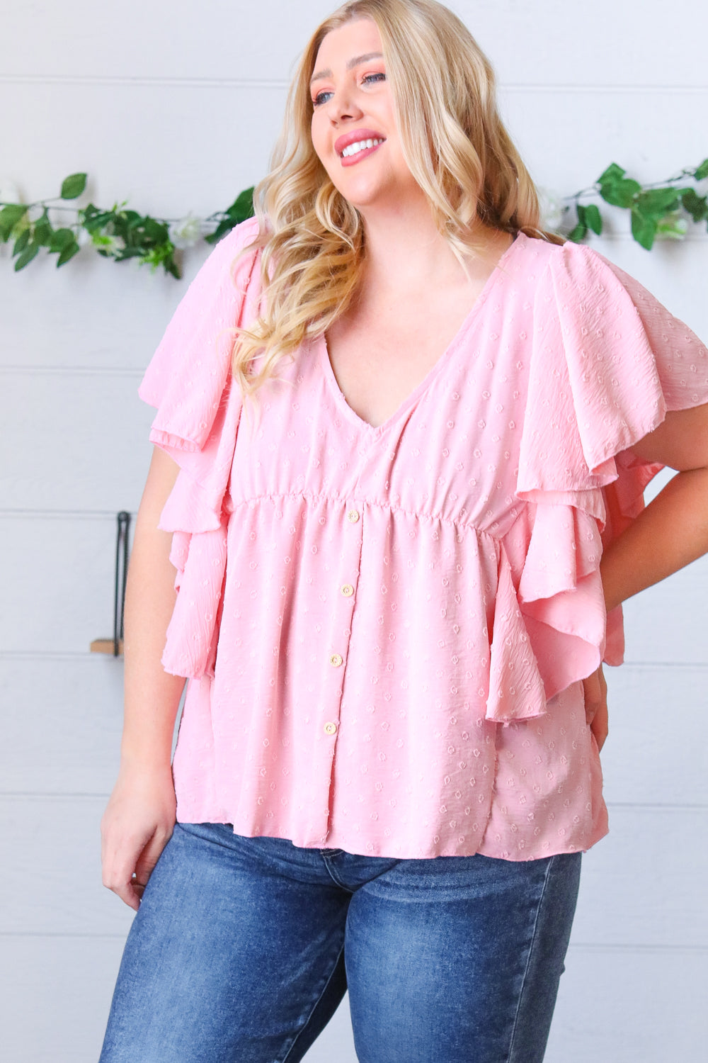 Soft Pink Swiss Dot Ruffle Woven Top