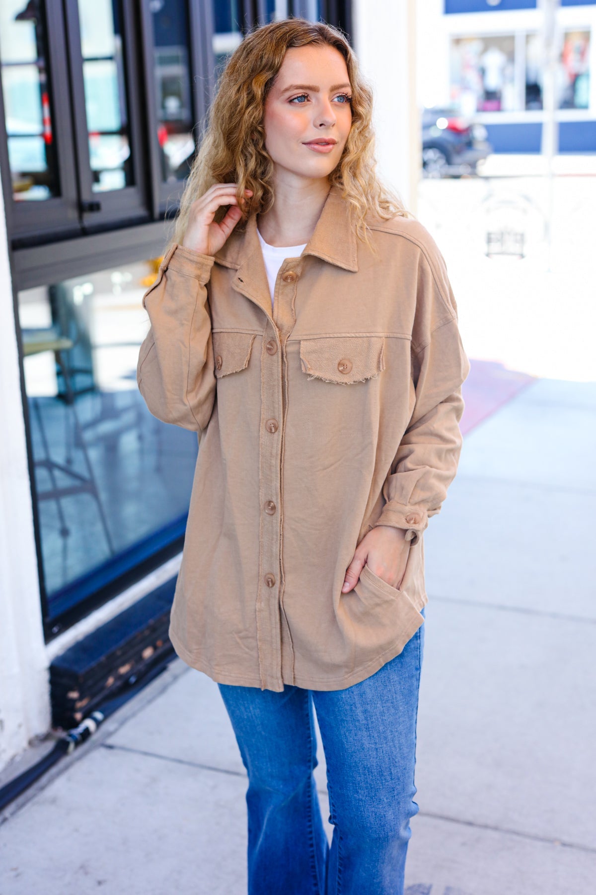 Weekend Ready Camel Terry Oversized Shirt Shacket