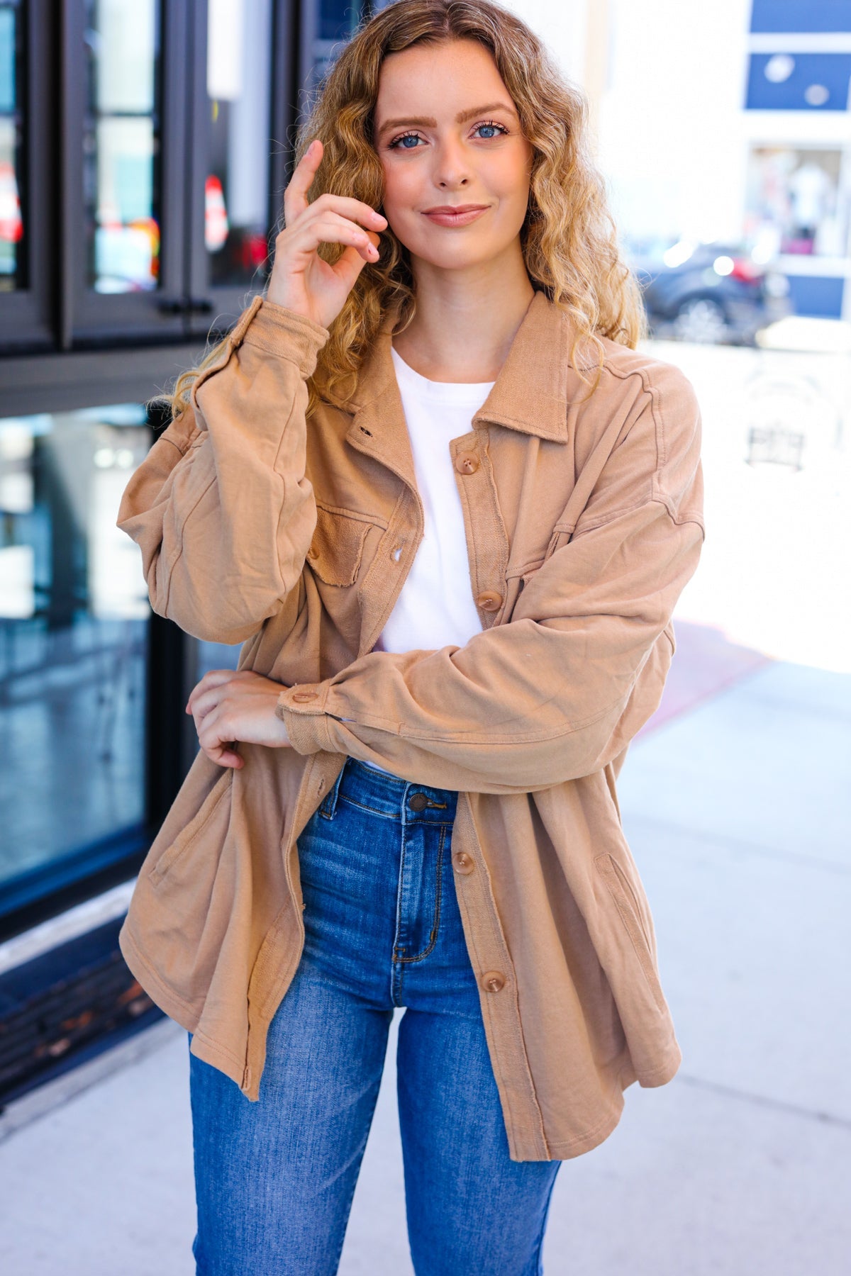 Weekend Ready Camel Terry Oversized Shirt Shacket