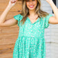 Green Floral Button Tie Neck Babydoll Top