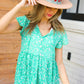 Green Floral Button Tie Neck Babydoll Top