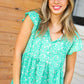 Green Floral Button Tie Neck Babydoll Top