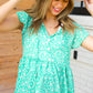 Green Floral Button Tie Neck Babydoll Top