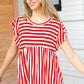 Red Stripe Babydoll Flutter Sleeve Top