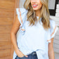 Chambray Embroidered Flutter Sleeve Top