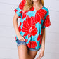 Teal & Cherry Red Floral Print V Neck Top