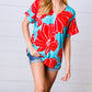 Teal & Cherry Red Floral Print V Neck Top