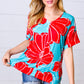 Teal & Cherry Red Floral Print V Neck Top