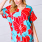 Teal & Cherry Red Floral Print V Neck Top