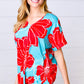 Teal & Cherry Red Floral Print V Neck Top