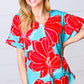 Teal & Cherry Red Floral Print V Neck Top