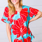 Teal & Cherry Red Floral Print V Neck Top