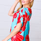 Teal & Cherry Red Floral Print V Neck Top