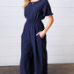 Dark Blue Smocked Waist Notch Neck Crepe Jumpsuit