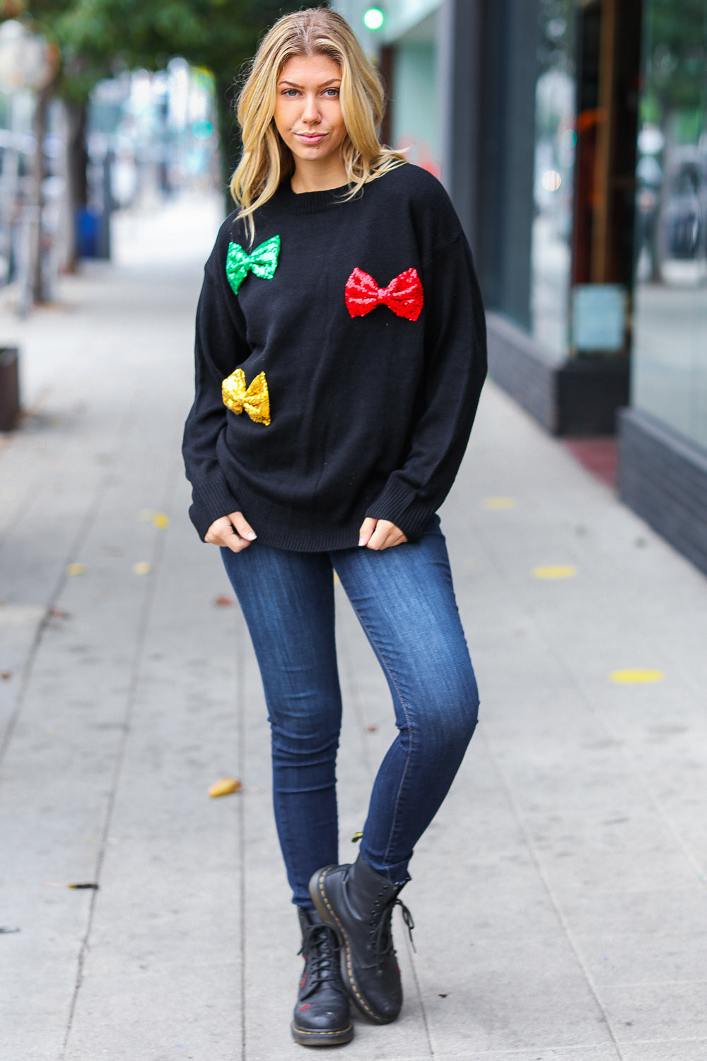 Be Merry Black Multicolor Sequin Bow Knit Sweater