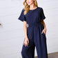 Dark Blue Smocked Waist Notch Neck Crepe Jumpsuit