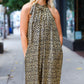 Embrace Joy Black & Gold Foil Animal Print Halter Lined Holiday Dress