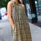 Embrace Joy Black & Gold Foil Animal Print Halter Lined Holiday Dress