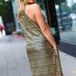 Embrace Joy Black & Gold Foil Animal Print Halter Lined Holiday Dress