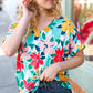 Teal & Coral Flat Floral V Neck Top