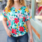 Teal & Coral Flat Floral V Neck Top